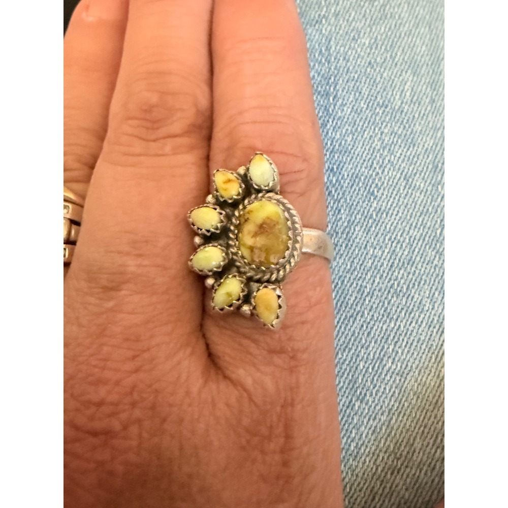 Vintage 925 Sterling Silver Yellow Turquoise Cluster Ring Southwestern Navajo